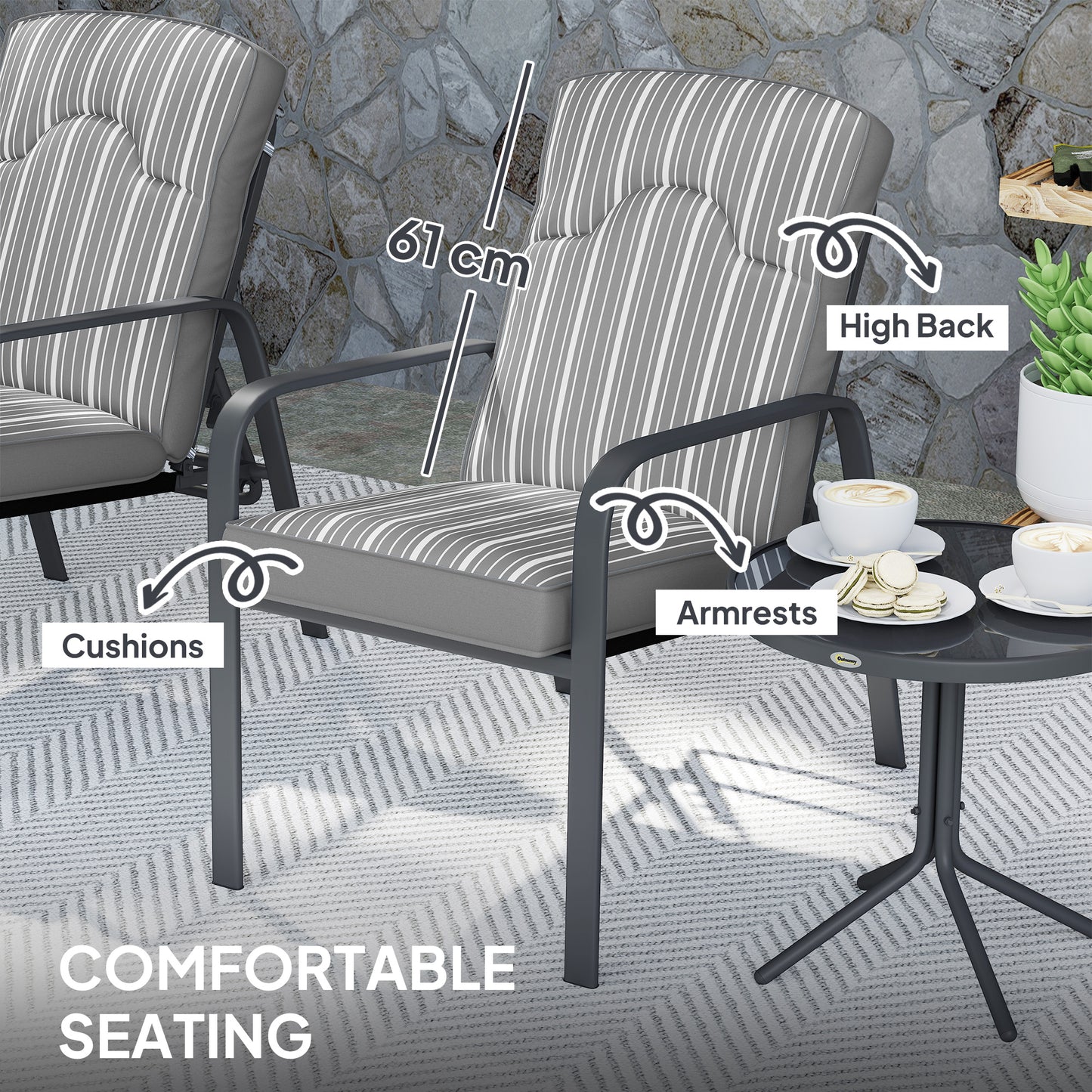 Outsunny Three-Piece Reclining Chair Set - Grey