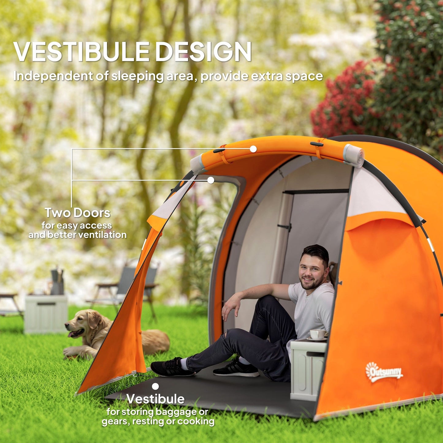Outsunny 2-3 Man Tunnel Tents w/ Vestibular Camping Tent Porch Air Ventsitionable Shelter, Orange