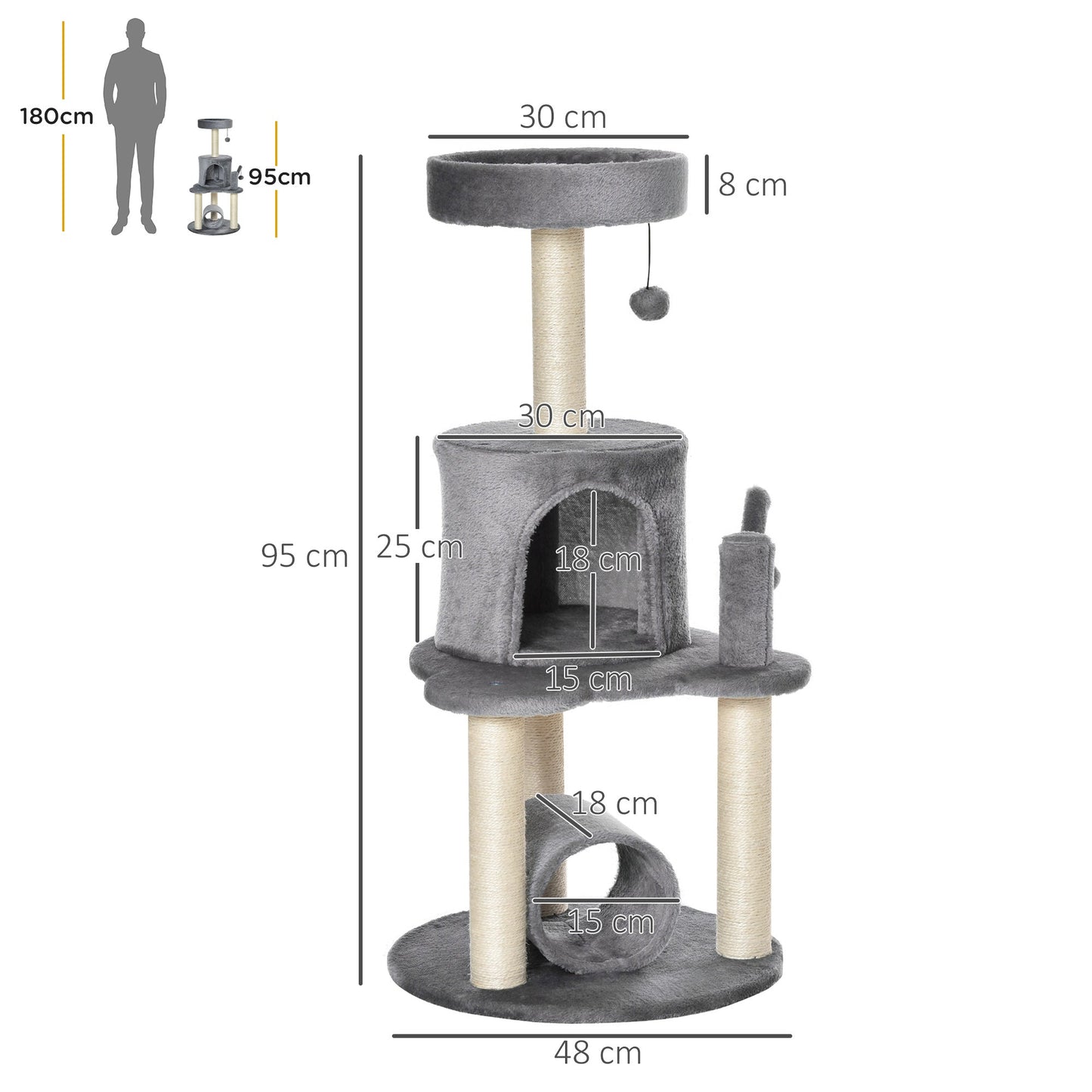 PawHut Cat Tree Tower تسلق مركز النشاط أثاث القطط مع عمود خدش من الجوت سرير نفق جثم معلق كرات رمادية