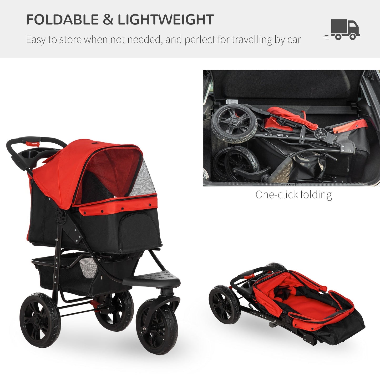 PawHut Oxford Cloth Folding 3-Wheel Pet Stroller Dog Trolley Red/Black