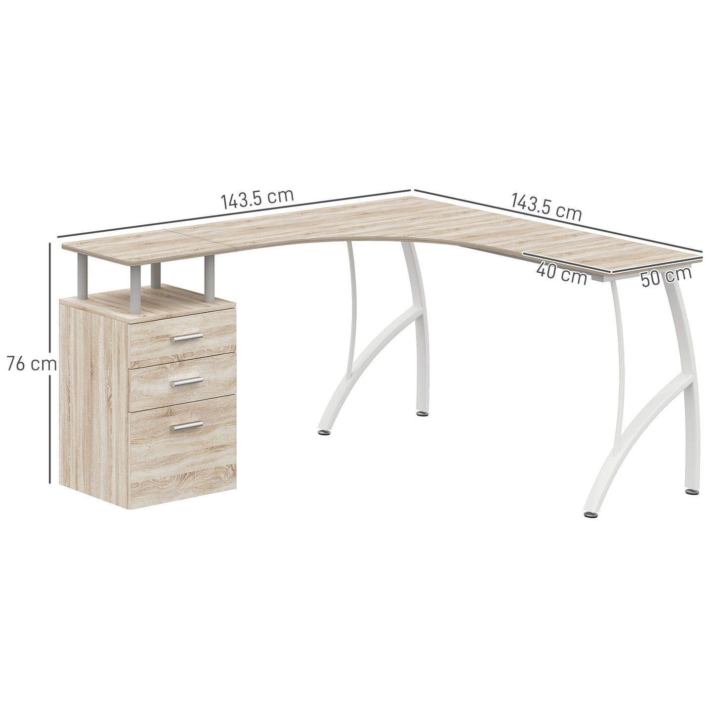 HOMCOM L-kształtny stół komputerowy z szufladą do przechowywania, biurko do domowego biura narożne w stylu industrialnym na pliki A4 143,5 x 143,5 x 76 cm, dąb