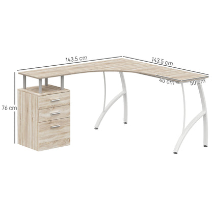 HOMCOM L-kształtny stół komputerowy z szufladą do przechowywania, biurko do domowego biura narożne w stylu industrialnym na pliki A4 143,5 x 143,5 x 76 cm, dąb