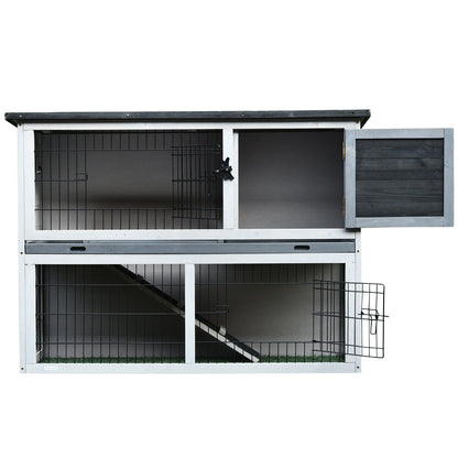 PawHut Small Animal Two-Level Fir Wood Guinea Pigs Hutches Bunny Cage w/ Slide Out Tray Grey