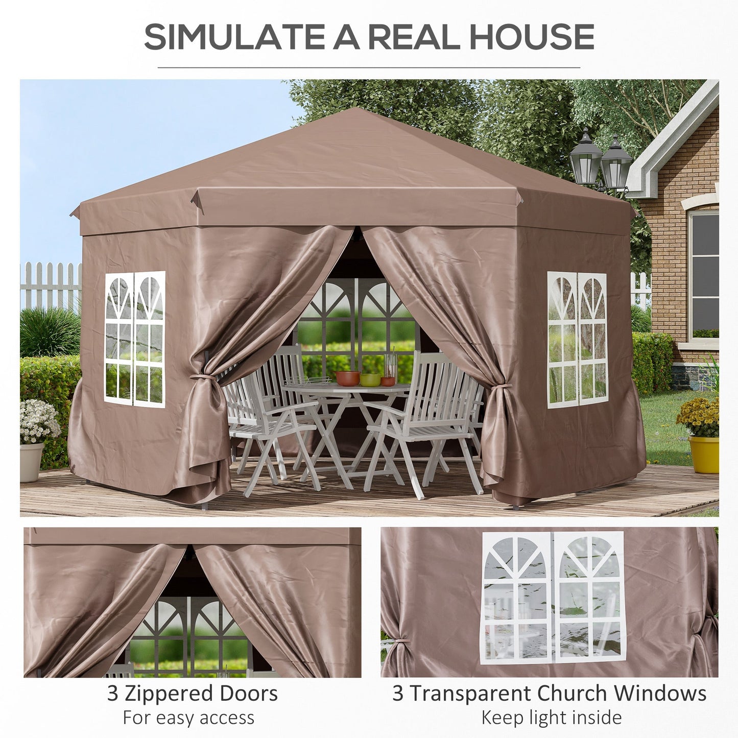 Outsunny 4m x 4m Hexagonal Metal Frame Garden Gazebo Brown