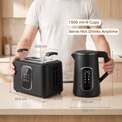 HOMCOM Kettle and Toaster Set with LED Touch Screen, Kettle with Strix Thermostat, 2 Slice Toaster w/ 6 Browning Levels, Black