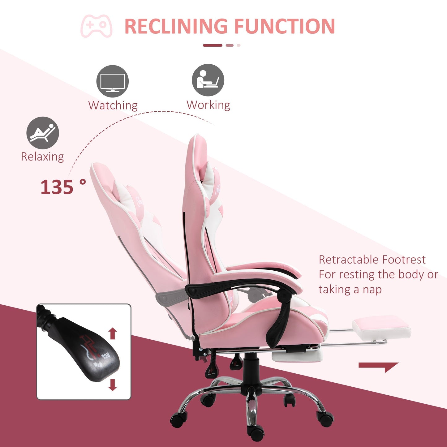 Vinsetto Racing Gaming Chair with Lumbar Support, Head Pillow, Swivel Wheels, High Back Recliner Gamer Desk Chair for Home Office, Pink