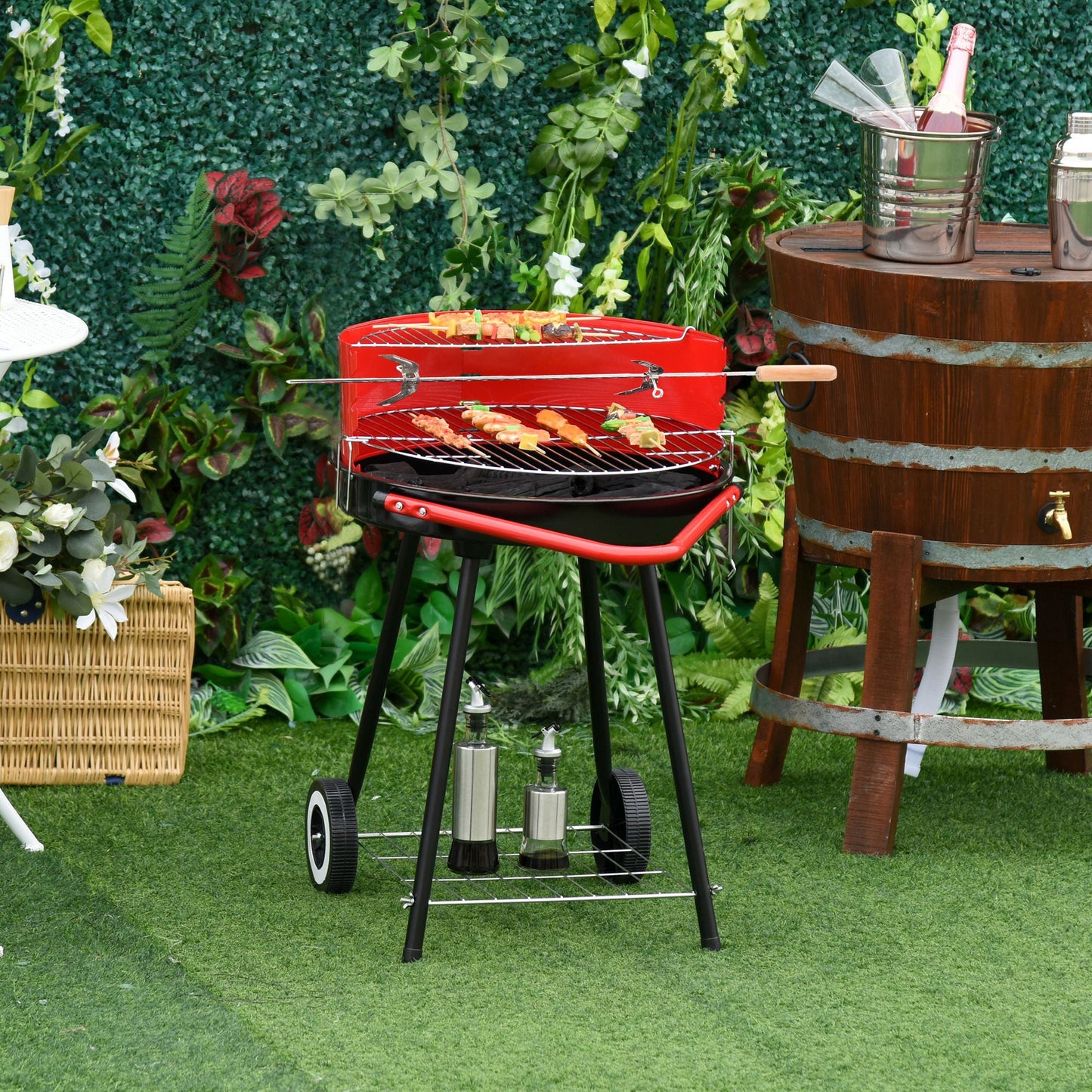 Outsunny Charcoal Outdoor Barbecue Grill, 2 Wheels, size (75.5H x 50L x 82W cm)-Red/Black