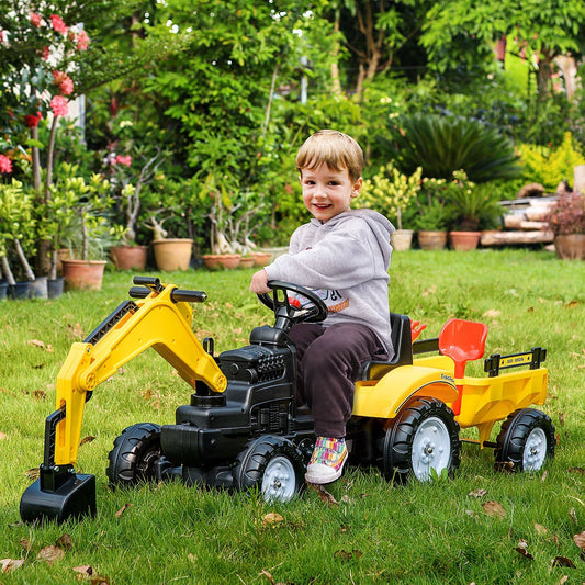 Ride-on Toy Pedal Digger Construction Car with Horn & Detachable Trailer, Yellow