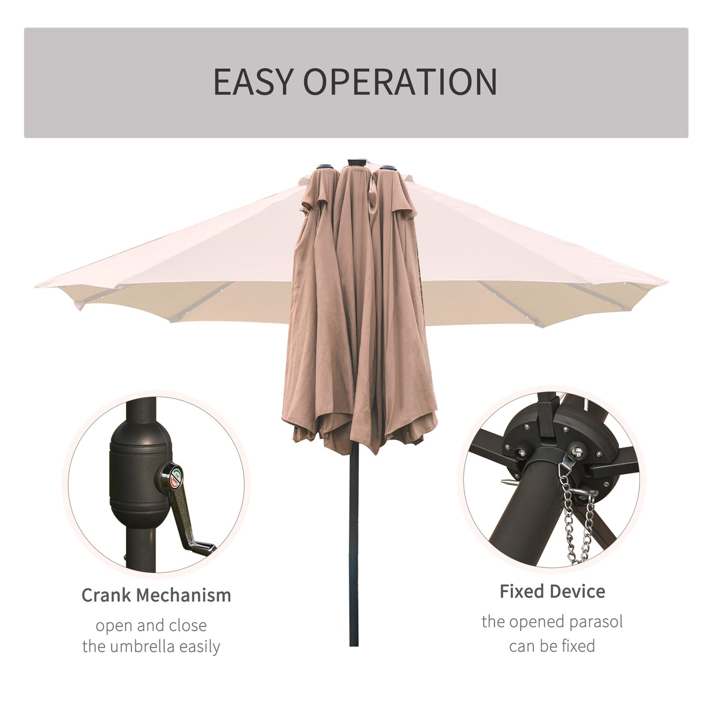 Outsunny Garden Parasol 4,4 m Dwustronny parasol słoneczny Patio Parasol LED Solar Lights Khaki