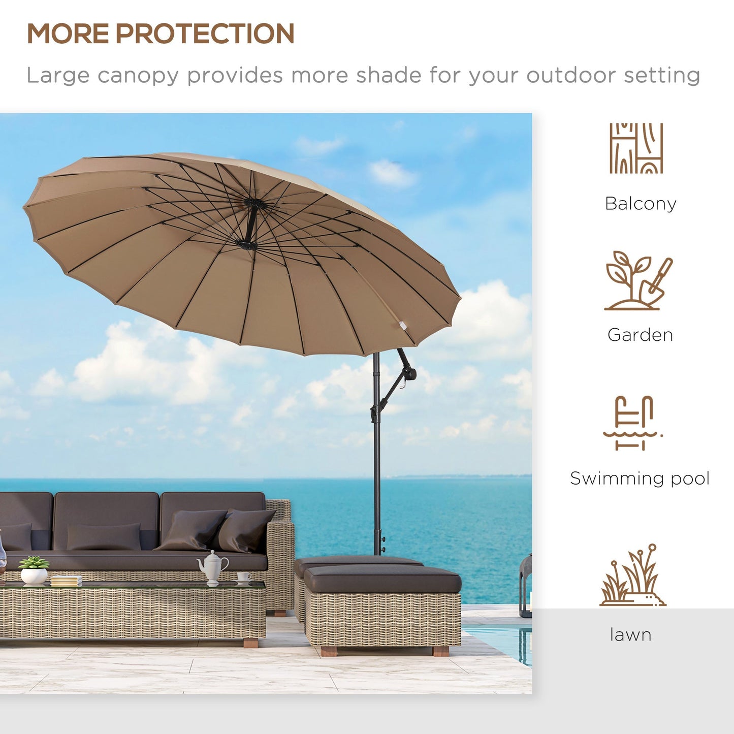 مظلة شمسية من Outsunny 3(m) Cantilever Shanghai Parasol Garden معلقة على شكل موز مع مقبض كرنك، 18 ضلع قوي وقاعدة متقاطعة، بيج