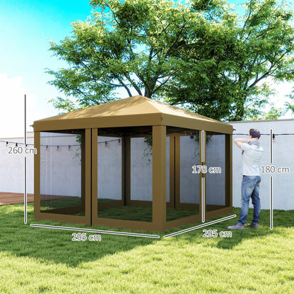Outsunny 3 x 3√Ç m Pop Up Gazebo, 420D Garden Tent Canopy with Removable Mesh Sidewall Netting, Carry Bag for Garden Patio Outdoor, Khaki
