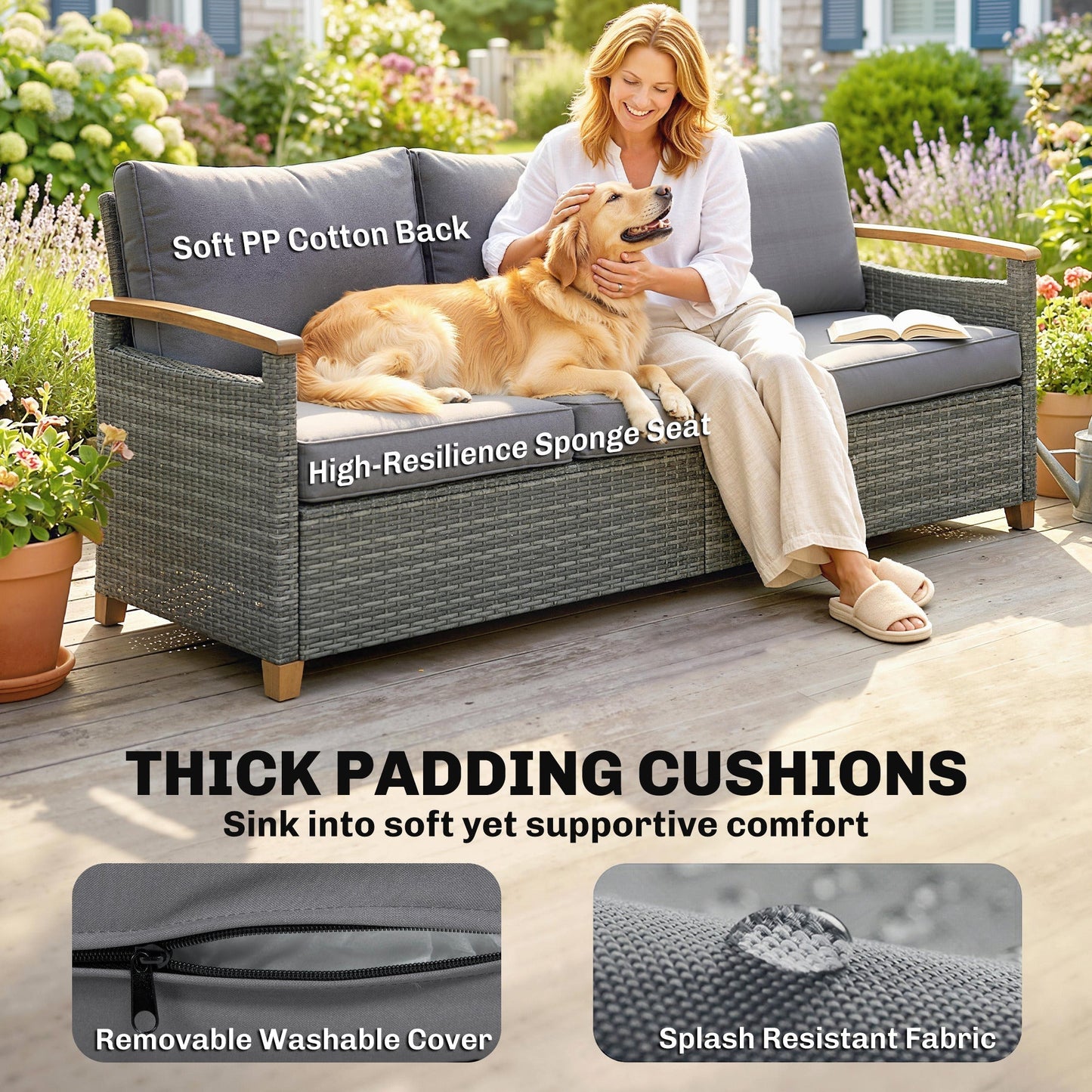 Outsunny 3 Seater Rattan Garden Sofa, PE Wicker Outdoor Sofa Wide Deep Seat, 4" Cushions, Wood-Effect Armrests Legs, Dark Grey