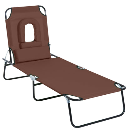 Outsunny Outdoor Foldable Sun Lounger, 4 Level Adjustable Backrest Reclining Sun Lounger Chair with Pillow and Reading Hole, Brown