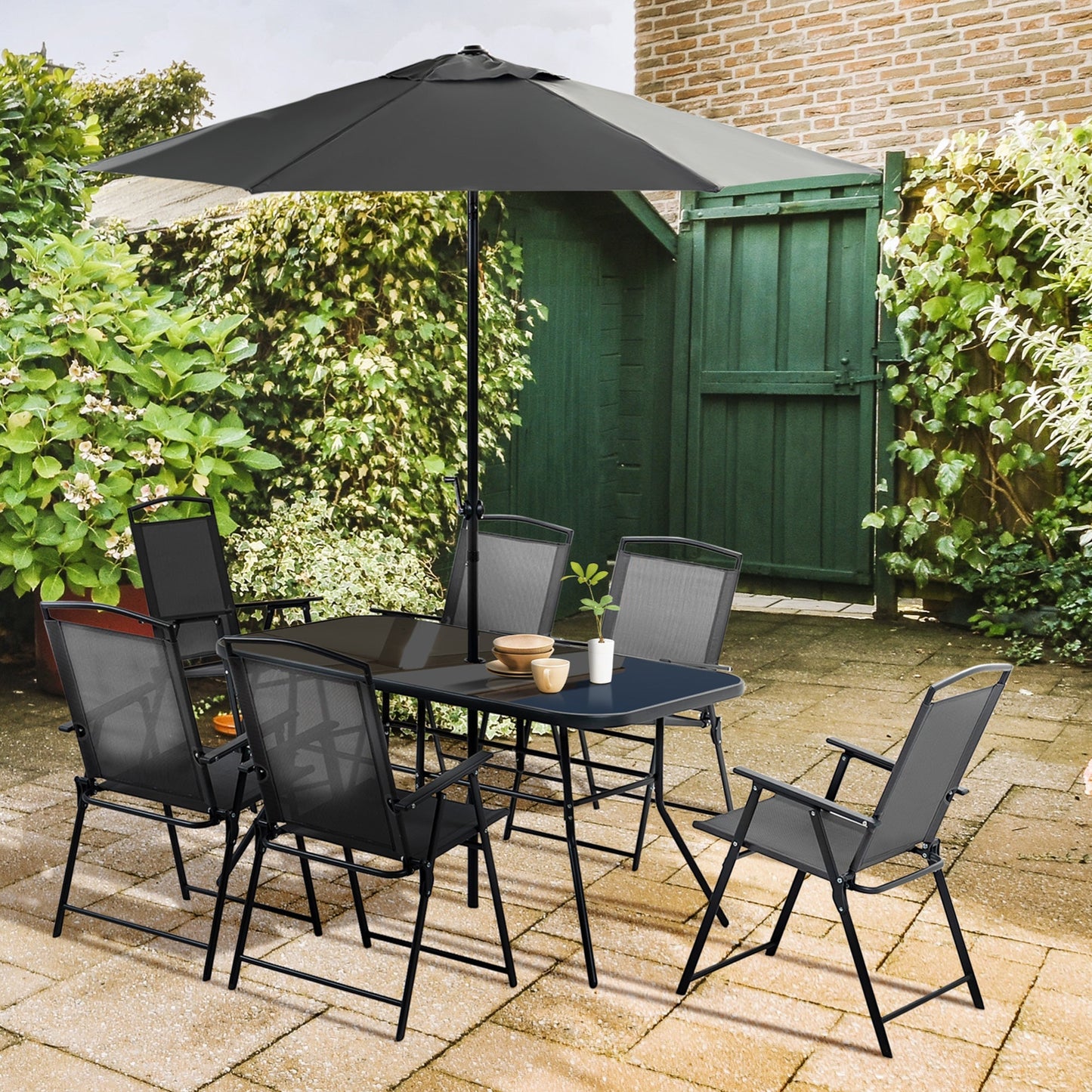 8 Pieces Metal Garden Furniture Set W/ Parasol And Folding Chairs, Patio Dining Set, 6 Seater Outdoor Table and Chairs with Tempered Glass Top, Black