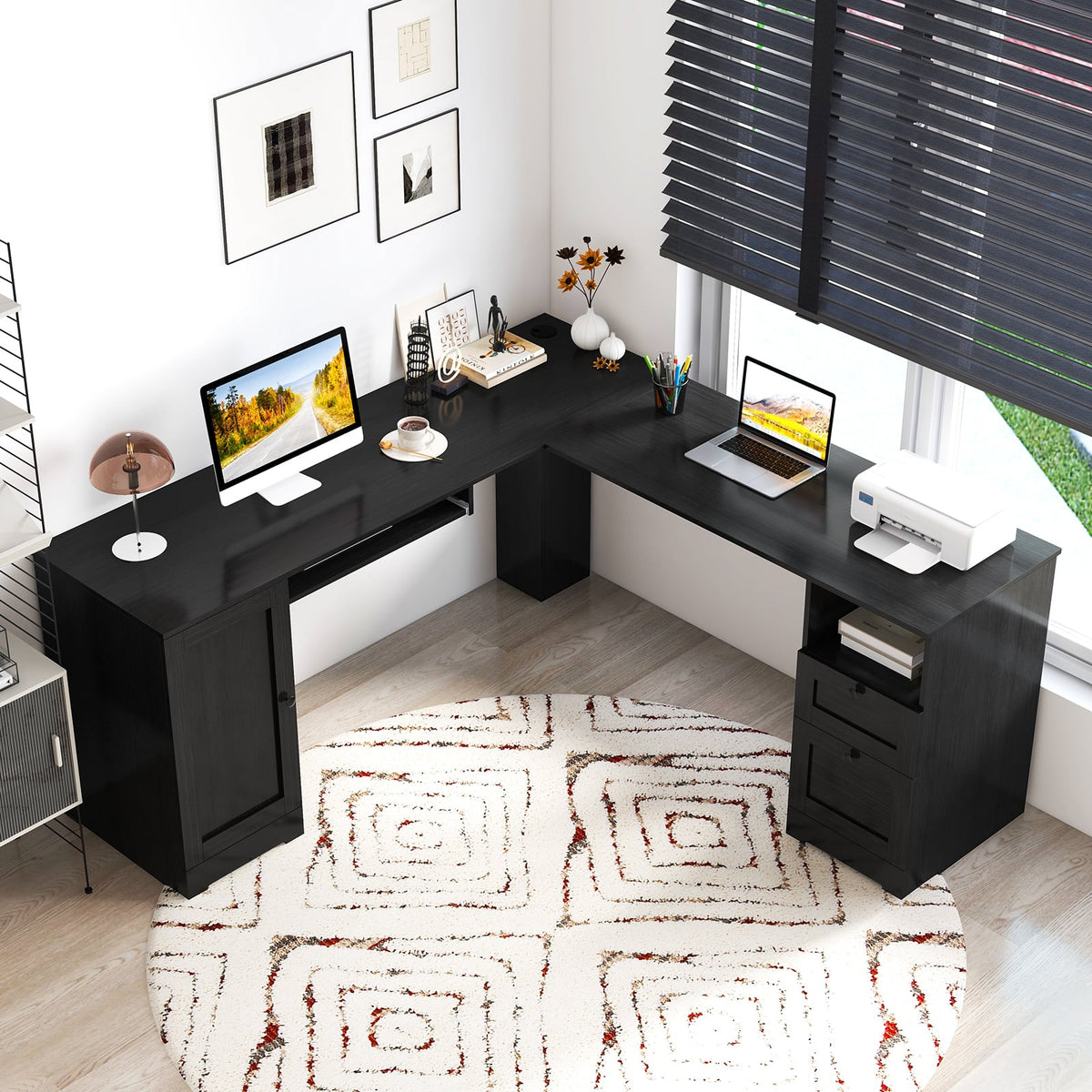 L-Shaped Computer Desk with Built-in Charging Station and Keyboard Tray Drawer-Black