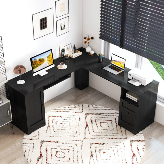 L-Shaped Computer Desk with Built-in Charging Station and Keyboard Tray Drawer-Black