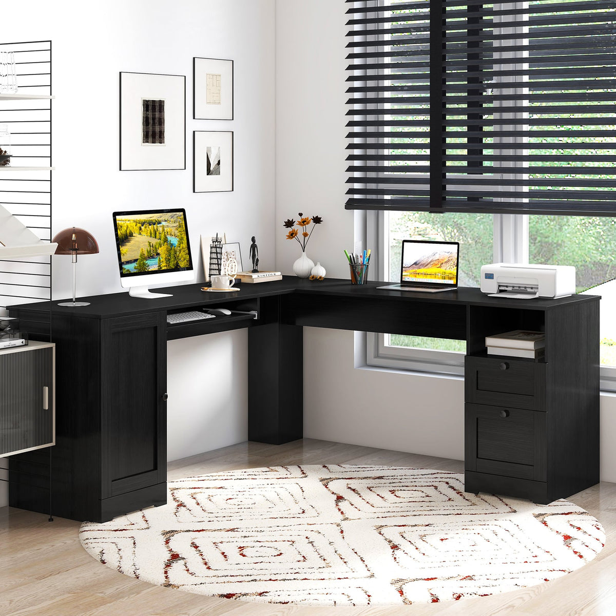 L-Shaped Computer Desk with Built-in Charging Station and Keyboard Tray Drawer-Black