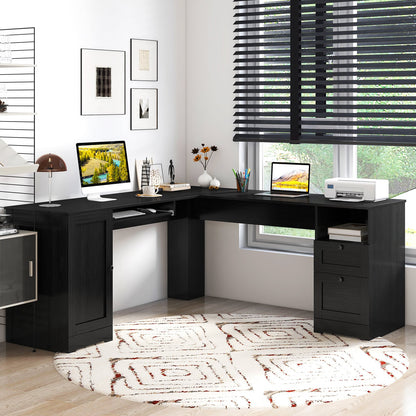 L-Shaped Computer Desk with Built-in Charging Station and Keyboard Tray Drawer-Black