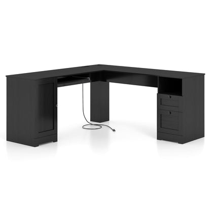 L-Shaped Computer Desk with Built-in Charging Station and Keyboard Tray Drawer-Black