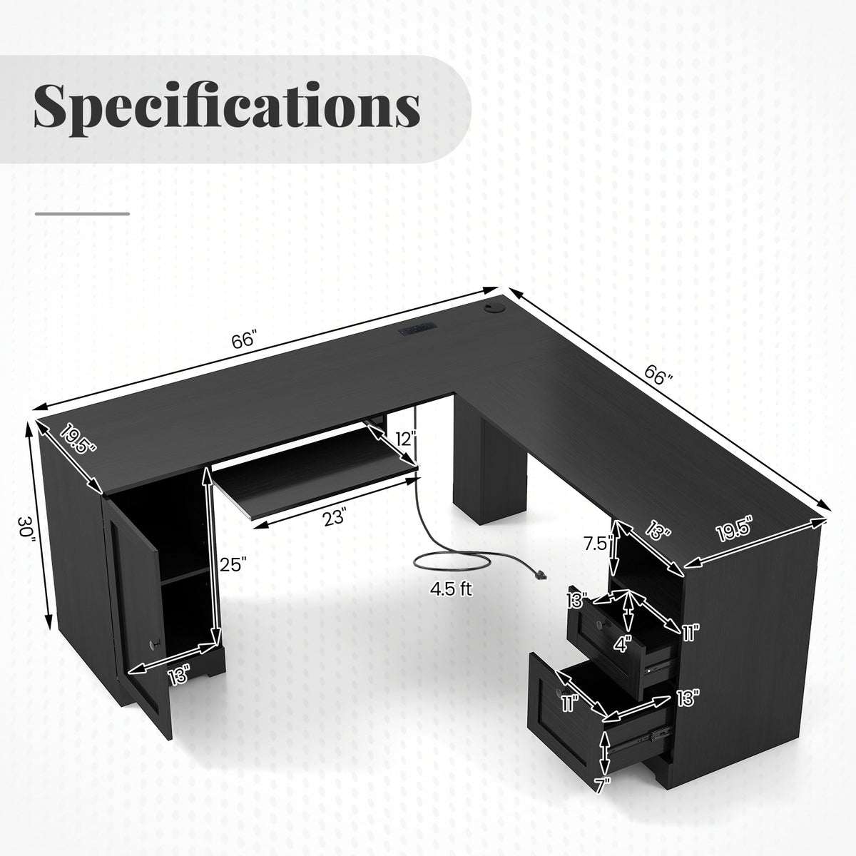 L-Shaped Computer Desk with Built-in Charging Station and Keyboard Tray Drawer-Black