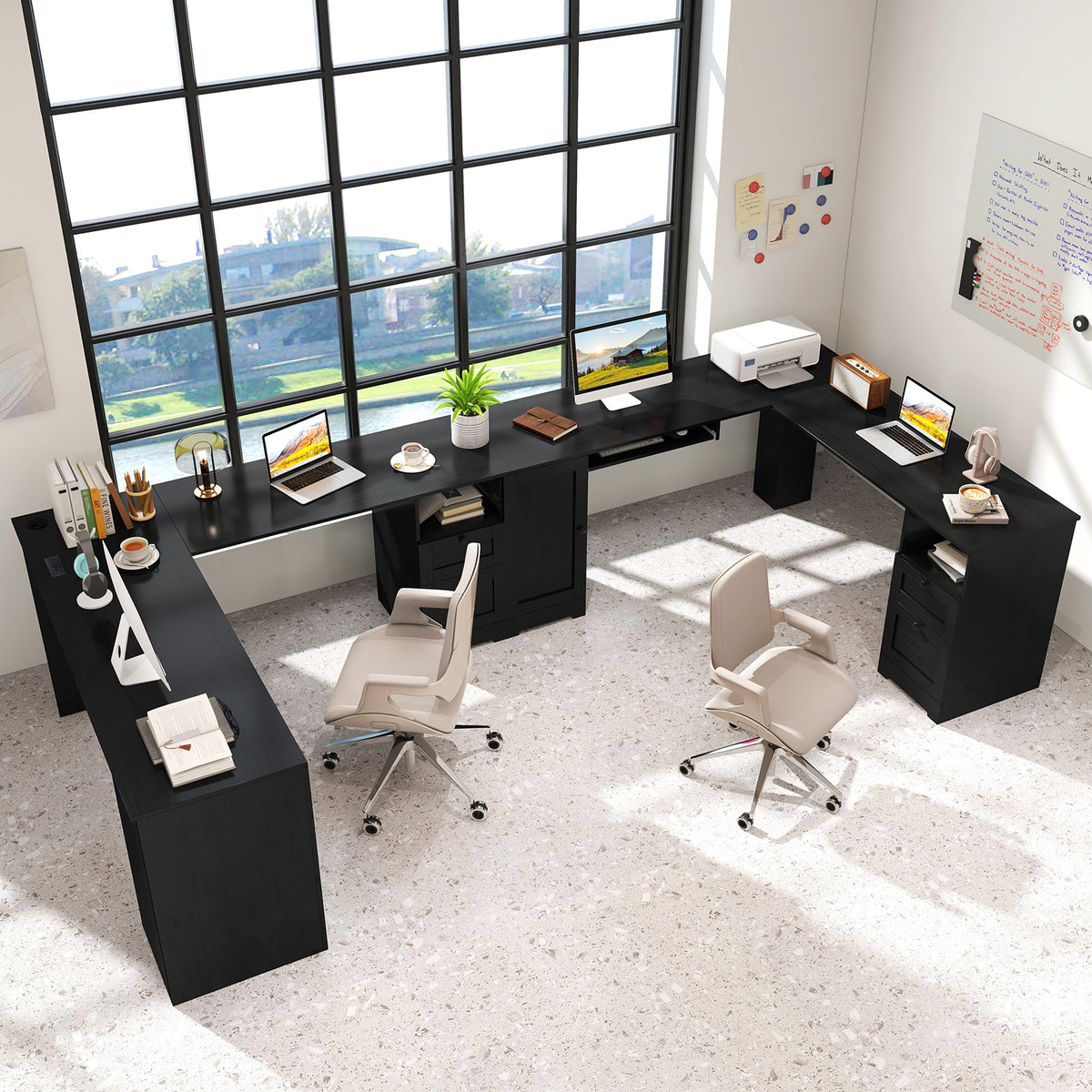 L-Shaped Computer Desk with Built-in Charging Station and Keyboard Tray Drawer-Black