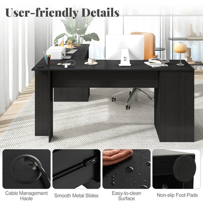 L-Shaped Computer Desk with Built-in Charging Station and Keyboard Tray Drawer-Black