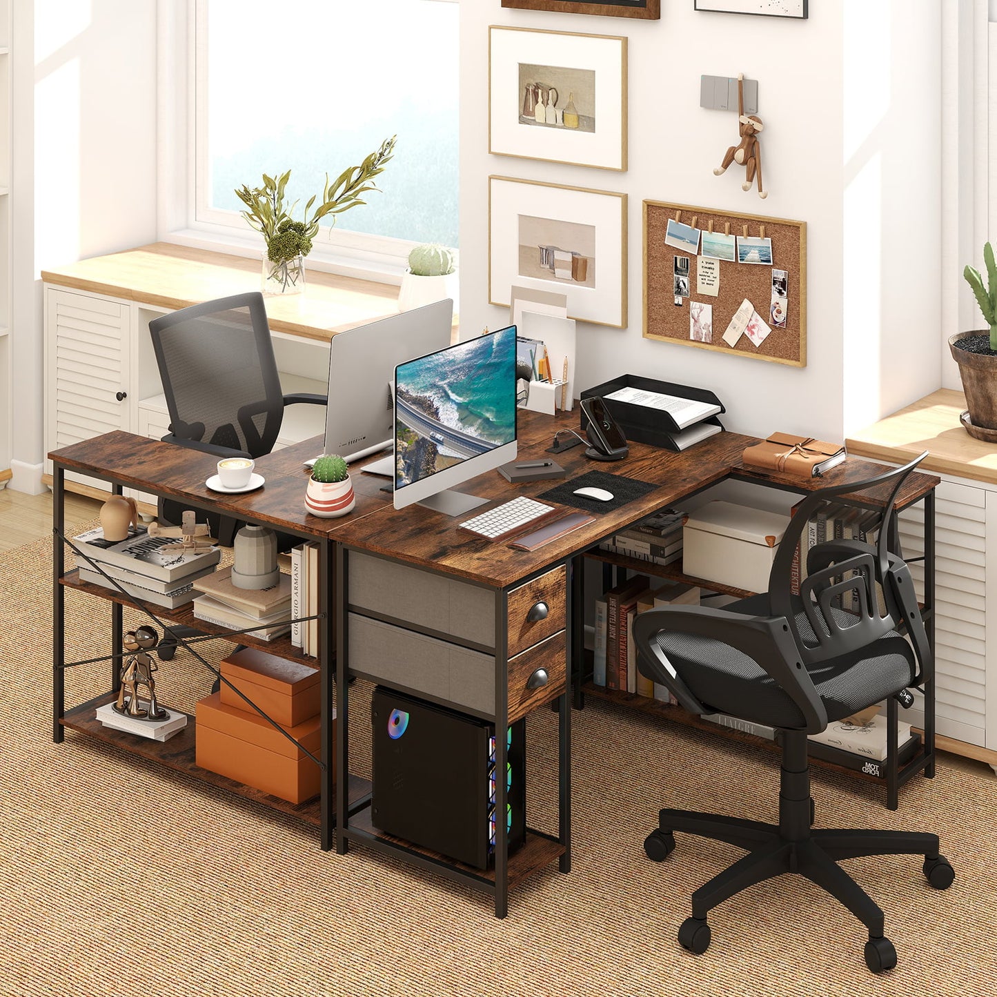 L Shaped Desk with Charging Station and 2 Fabric Drawers for Small Space-Rustic Brown