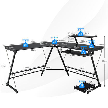 L-Shaped Computer Desk with Movable Host Stand and Removable Monitor Shelf-Black