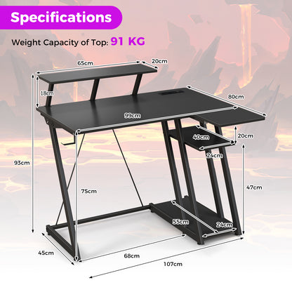 L-Shaped Gaming Desk with Outlets USB Ports and Monitor Shelf-Black