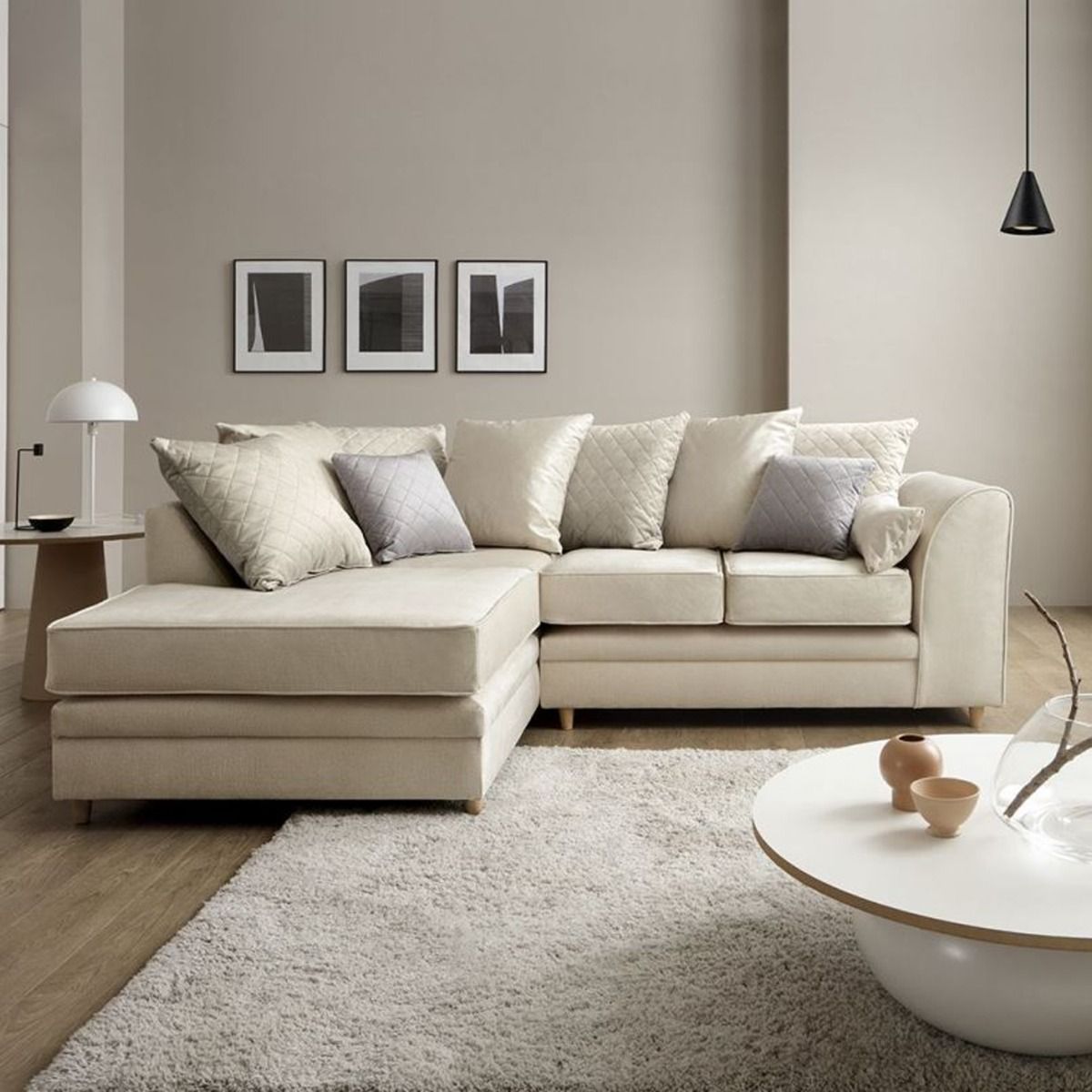 Bethan Velvet Corner Sofa - Left Arm Cream