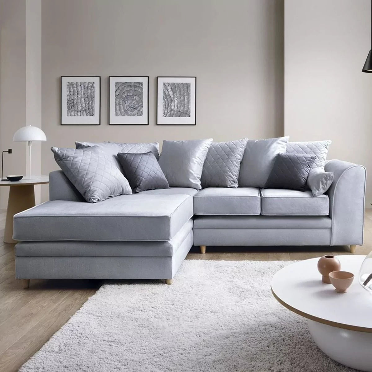 Bethan Velvet Corner Sofa - Right Arm Silver Blue