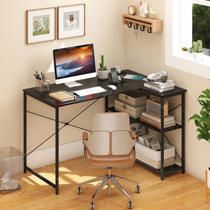 L-shaped Desk with Power Outlet with Reversible Adjustable Storage Shelves-Black