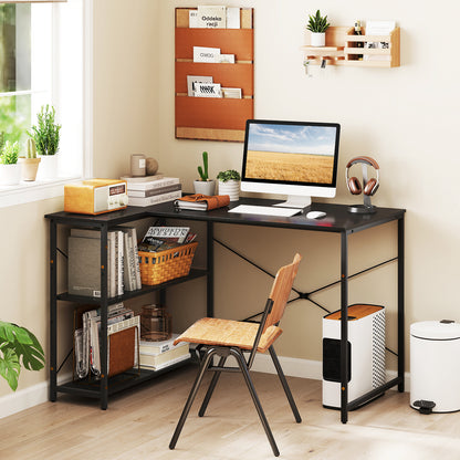L-shaped Desk with Power Outlet with Reversible Adjustable Storage Shelves-Black