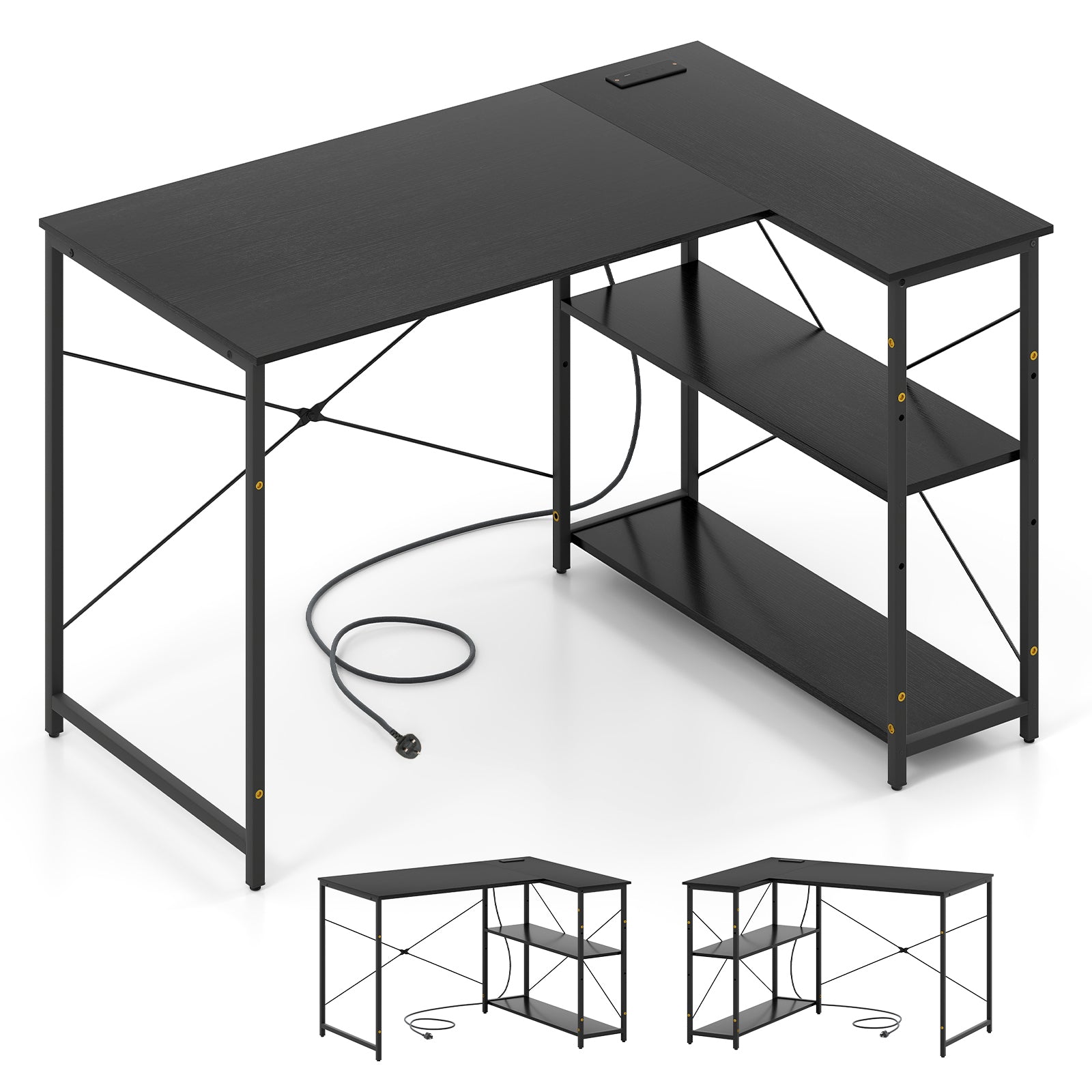 L-shaped Desk with Power Outlet with Reversible Adjustable Storage Shelves-Black