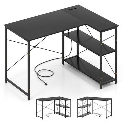 L-shaped Desk with Power Outlet with Reversible Adjustable Storage Shelves-Black