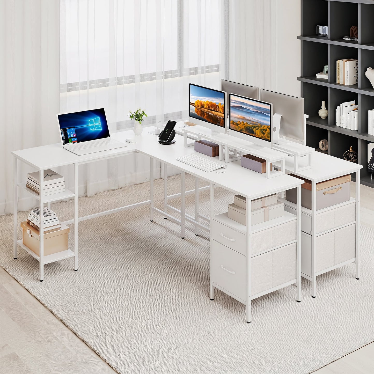 L-shaped Desk with Power Outlets Monitor Stand 2 Drawers and Adjustable Shelf-White