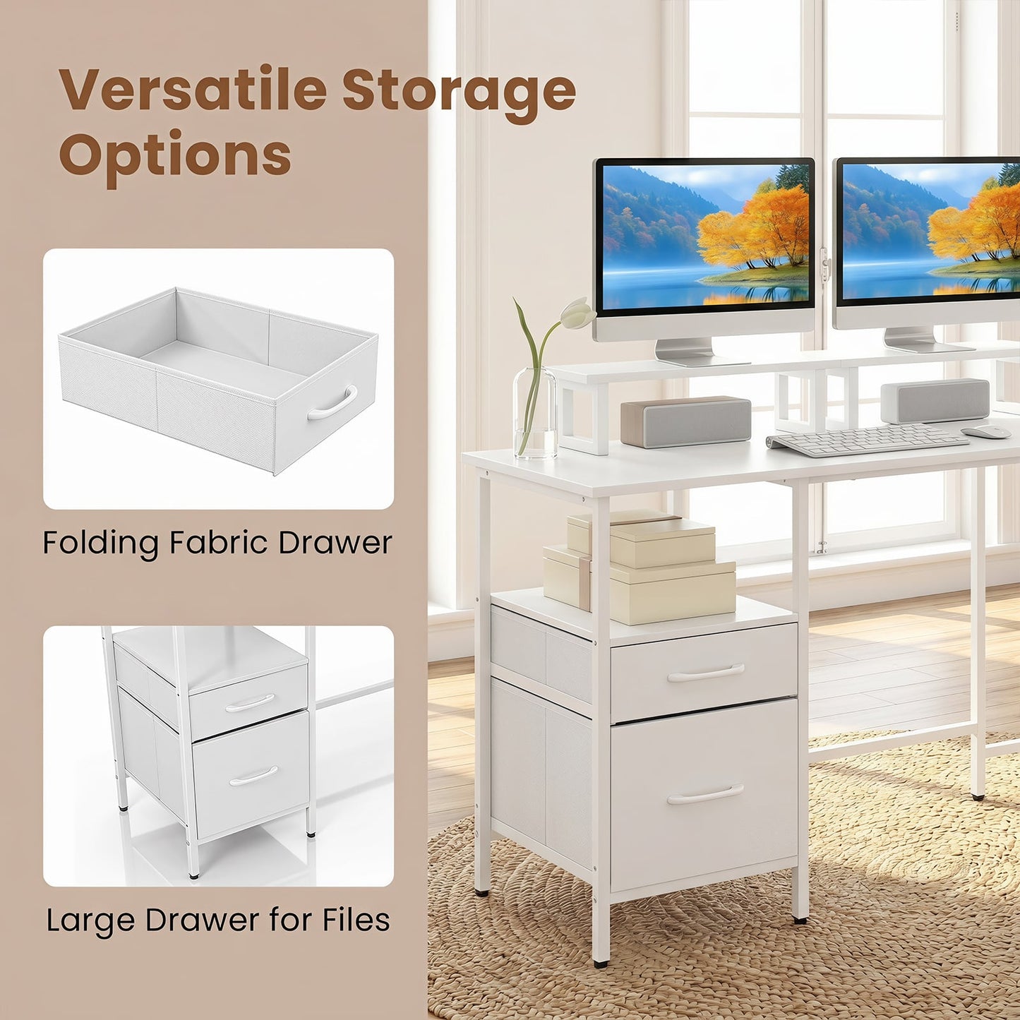 L-shaped Desk with Power Outlets Monitor Stand 2 Drawers and Adjustable Shelf-White