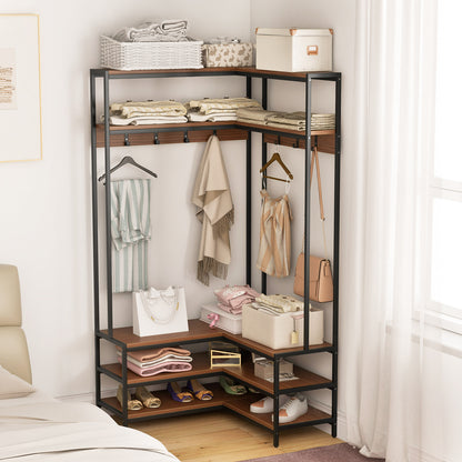 L-shaped Clothes Corner Garment Rack with Open Shelves and 7 Hooks-Walnut