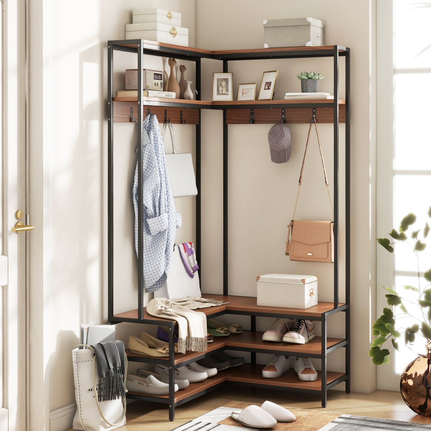 L-shaped Clothes Corner Garment Rack with Open Shelves and 7 Hooks-Walnut