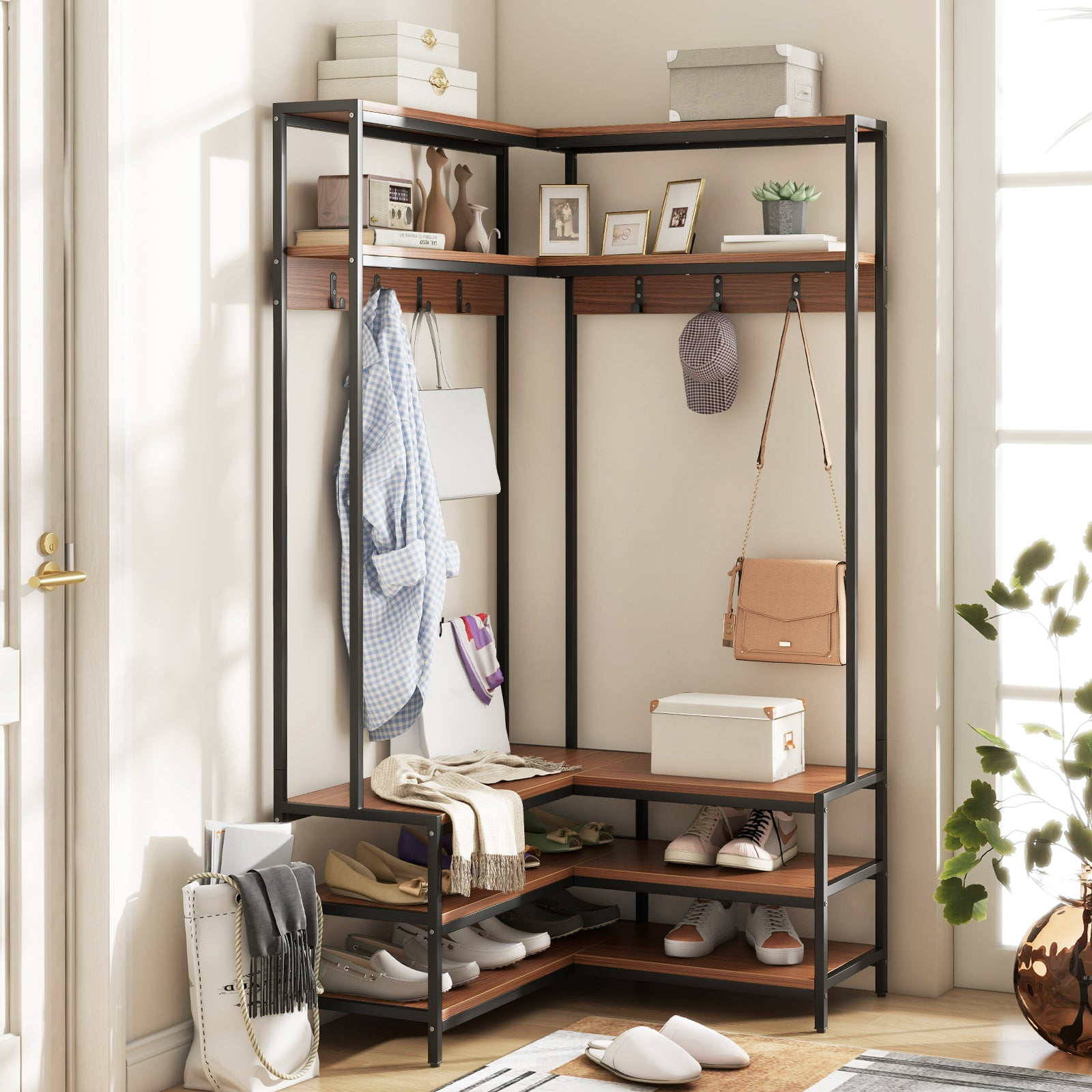 L-shaped Clothes Corner Garment Rack with Open Shelves and 7 Hooks-Walnut