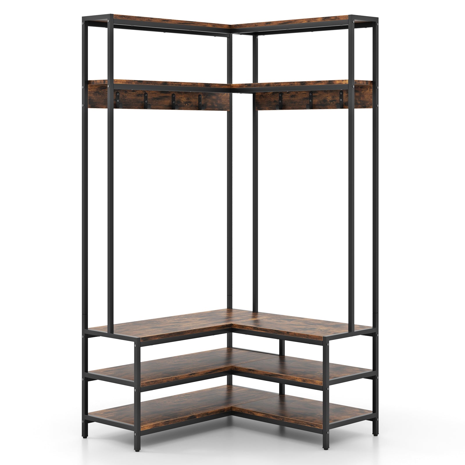 L-shaped Clothes Corner Garment Rack with Open Shelves and 7 Hooks-Rustic Brown