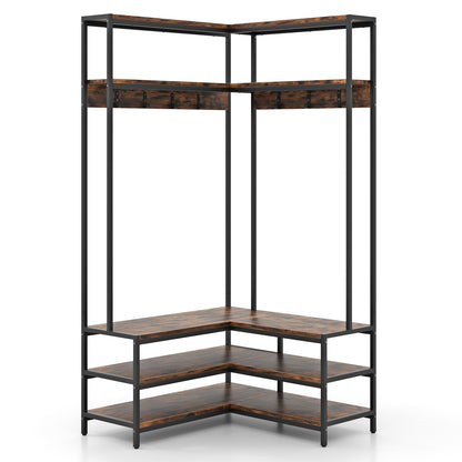 L-shaped Clothes Corner Garment Rack with Open Shelves and 7 Hooks-Rustic Brown