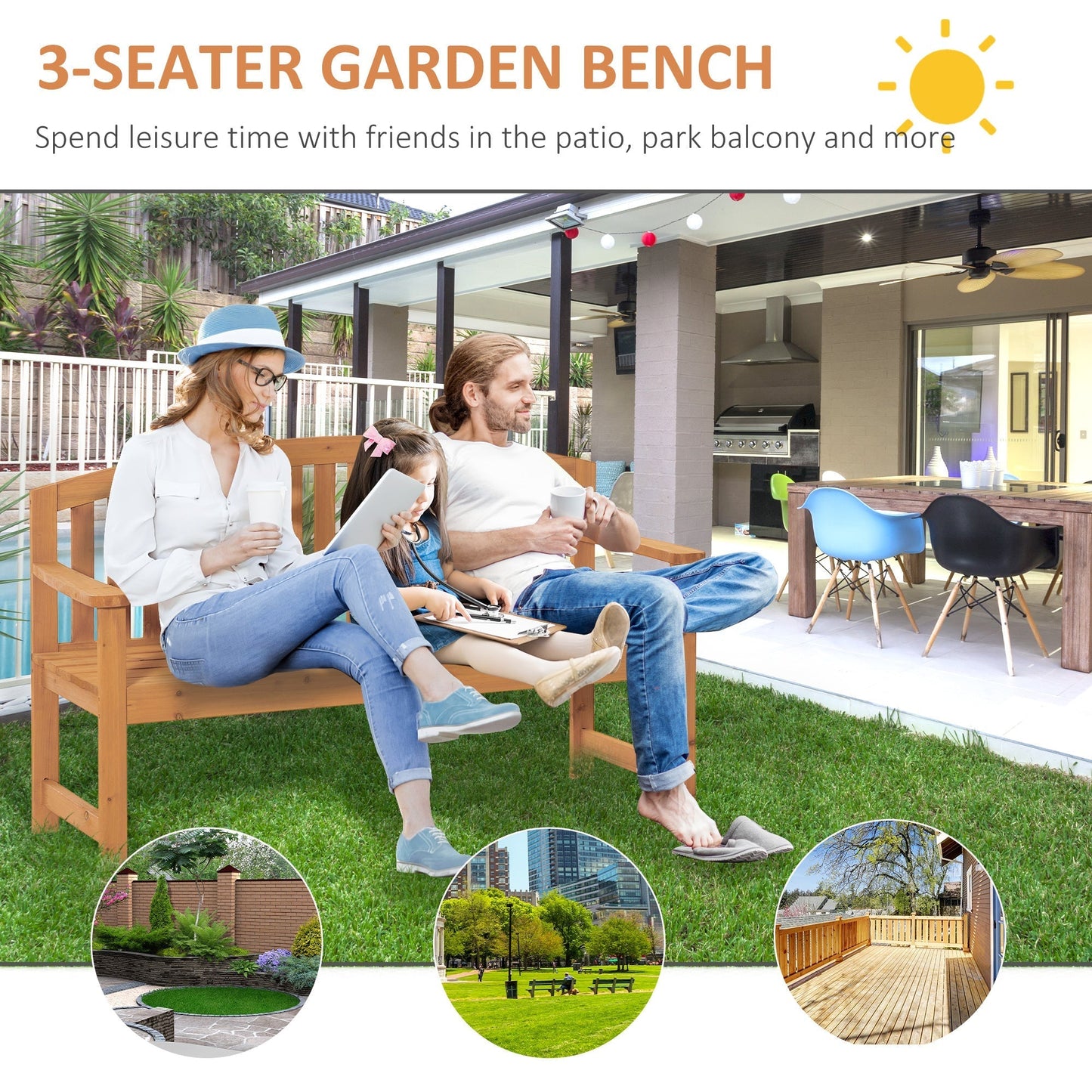 Outsunny 3 Seater Wooden Garden Bench with Armrest, Outdoor Furniture for Park, Balcony, Orange