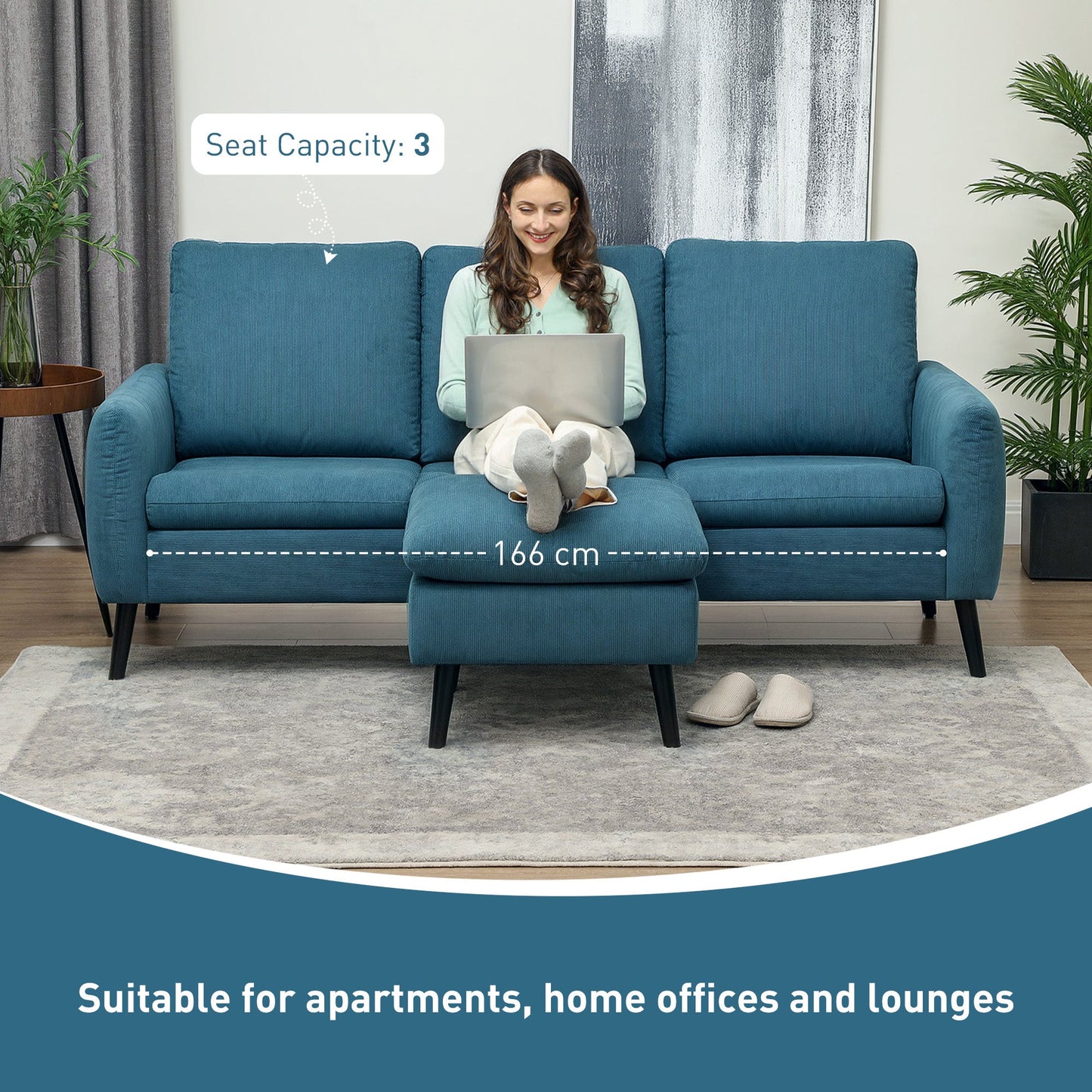 HOMCOM 3 Seater Sofa with Ottoman, 196cm Corduroy L-shaped Sofa Couch with Scatter Back, Reversible Chaise Lounge for Living Room, Home Office, Small Spaces, Blue