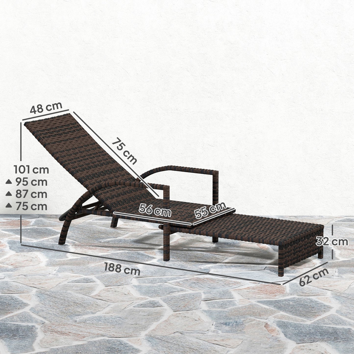 Leżanka Outsunny Reclining Rattan z rozkładanym podnóżkiem - brązowa
