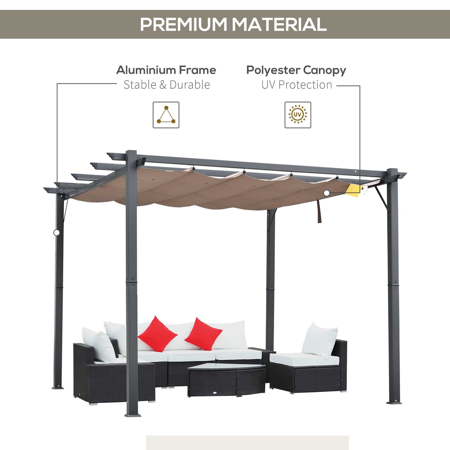 Outsunny 3m x 3m Pergola - Retractable Aluminium 3x3 Garden Shade for Outdoor BBQ & Gatherings, Family Use, Brown