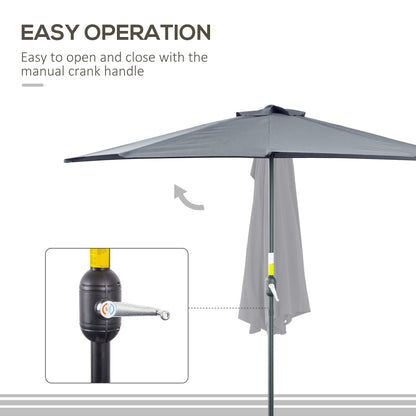 Outsunny 2.7m Garden Half Parasol, Outdoor Balcony Umbrella with 5 Steel Ribs, Patio Sun Shade, Grey