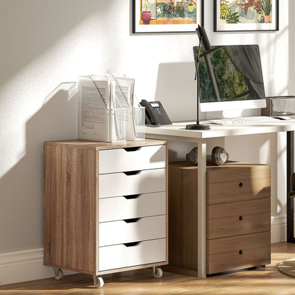 Vinsetto Five-Drawer Filing Cabinet, with Wheels - Oak Brown