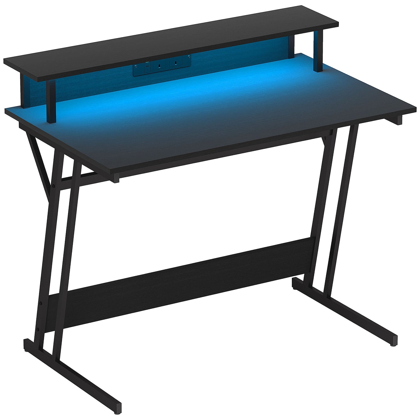 Biurko gamingowe HOMCOM z oświetleniem LED i gniazdami zasilania, 100 x 60 cm, biurko komputerowe w kształcie litery Z z podstawą pod monitor i stalową ramą, stół do gier na PC do domowego biura, czarny