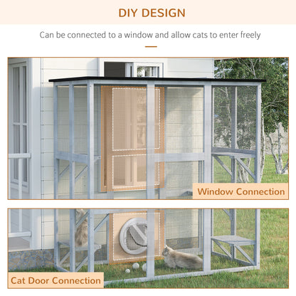 PawHut Wooden Catio Cat Outdoor Enclosure, Cat Cage with Waterproof Roof, Platforms, for Multiple Kittens, 180 x 98 x 180 cm